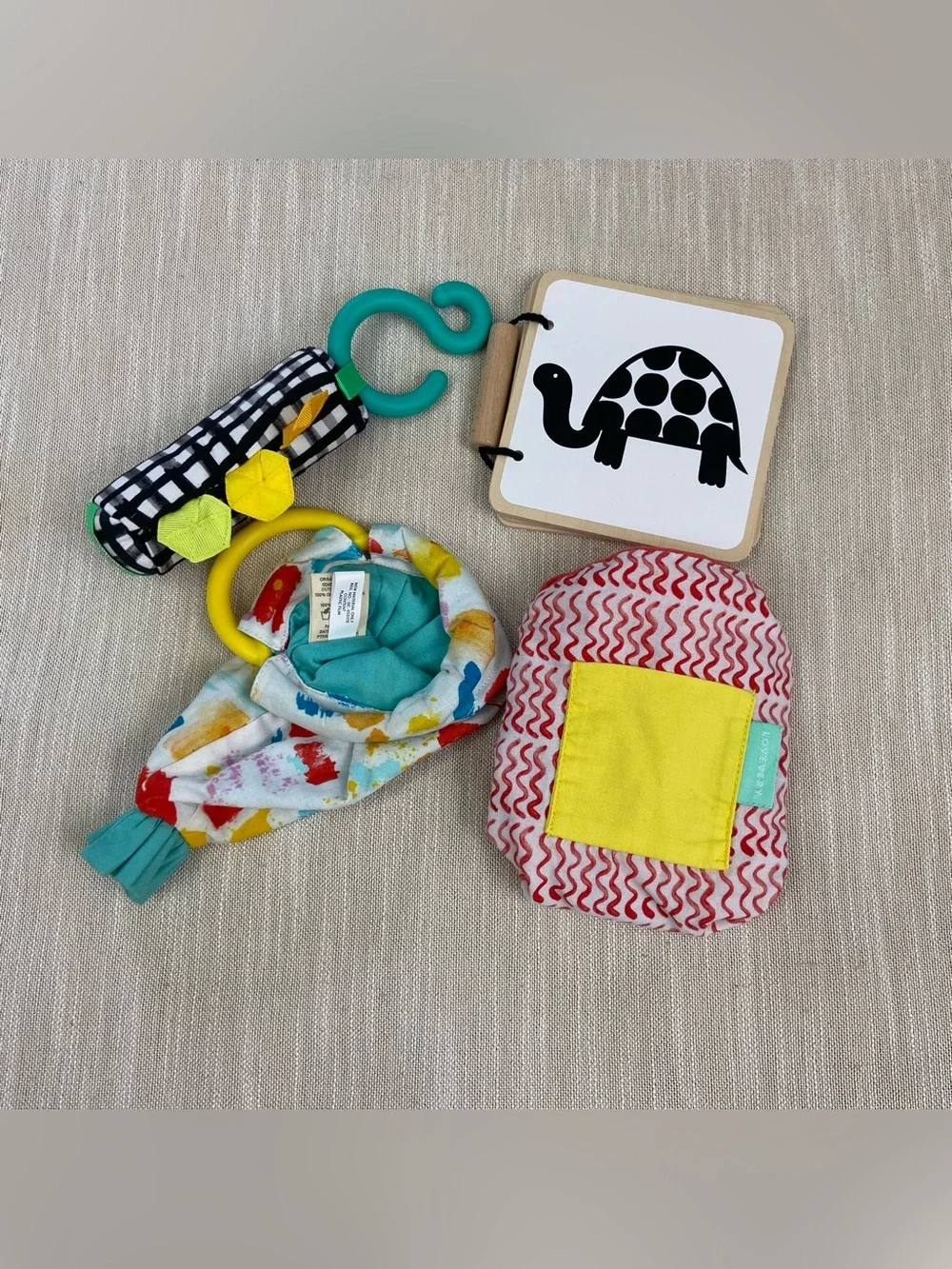Lovevery Bundle Wooden Book Sensory Pouch Squeaker Link & Crinkle Bag